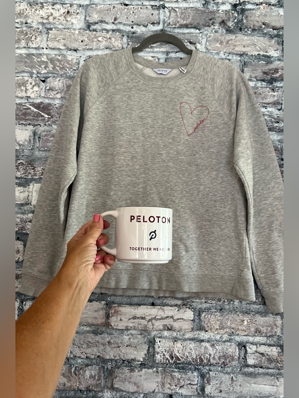 Peloton Heather Gray Crewneck Sweatshirt with Pink Heart Detail/comes with Mug
